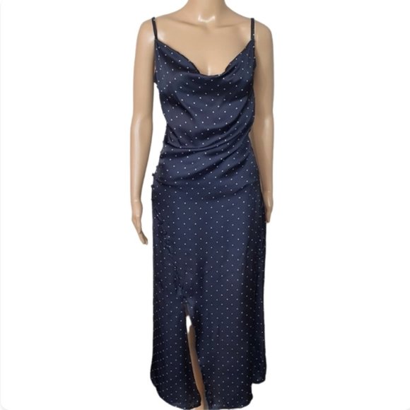 Cowl Neck  Slip Dress Satin Draped Slit Midi size 8 polka dot black white midi - Picture 1 of 4